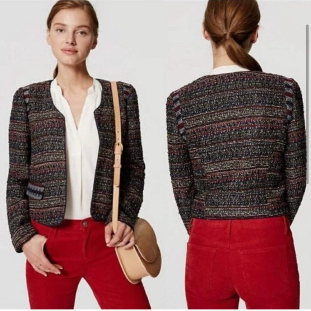 Ann Taylor Loft Women's Boucle Tweed Cropped Jacket Size 8 Wool Workwear Open